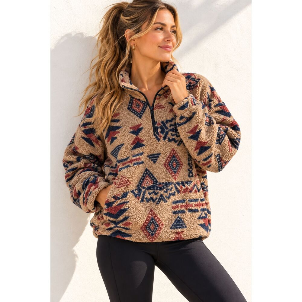 Vintage Style Aztec Sherpa Fleece Quarter Zip Pullover Womens M Southwestern